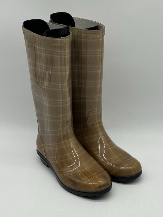 UGG Shaye Tan Clear Plaid Waterproof Rubber Tall Rain Boots - Women's Size 7 - Picture 1 of 11